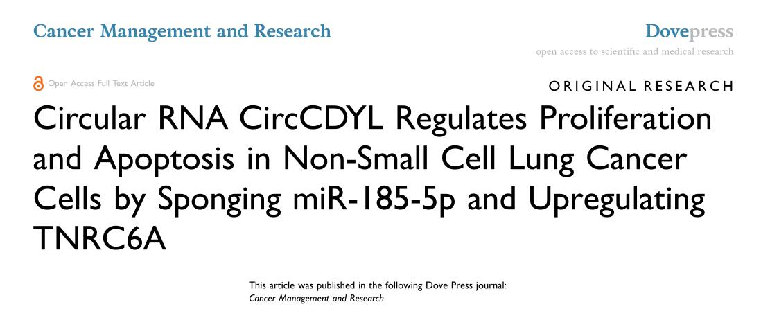 Circular RNA CircCDYL Regulates Proliferation and Apoptosis in Non-Small Cell Lung Cancer Cells by Sp