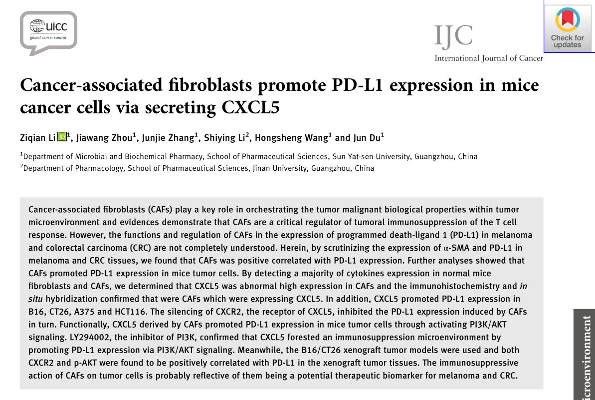 Cancer-associated fibroblasts promote PD-L1 expression in mice cancer cells via secreting CXCL5