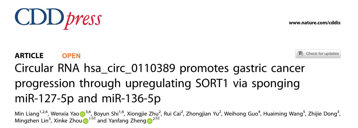Circular RNA hsa_circ_0110389 promotes gastric cancer progression through upregulating SORT1 via spon