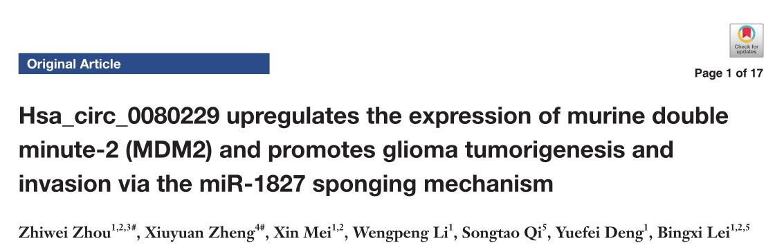 Hsa_circ_0080229 upregulates the expression of murine double minute-2 (MDM2) and promotes glioma tumo