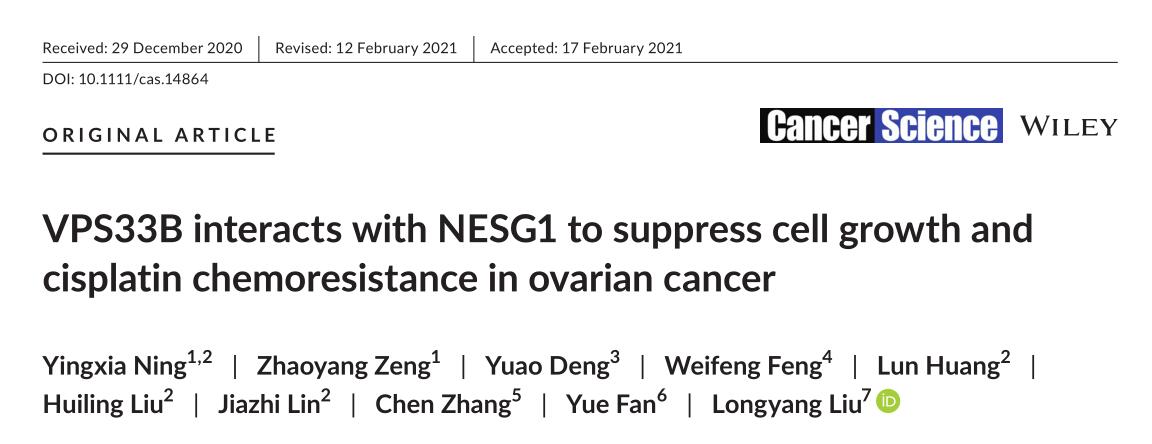 VPS33B interacts with NESG1 to suppress cell growth and cisplatin chemoresistance in ovarian cancer