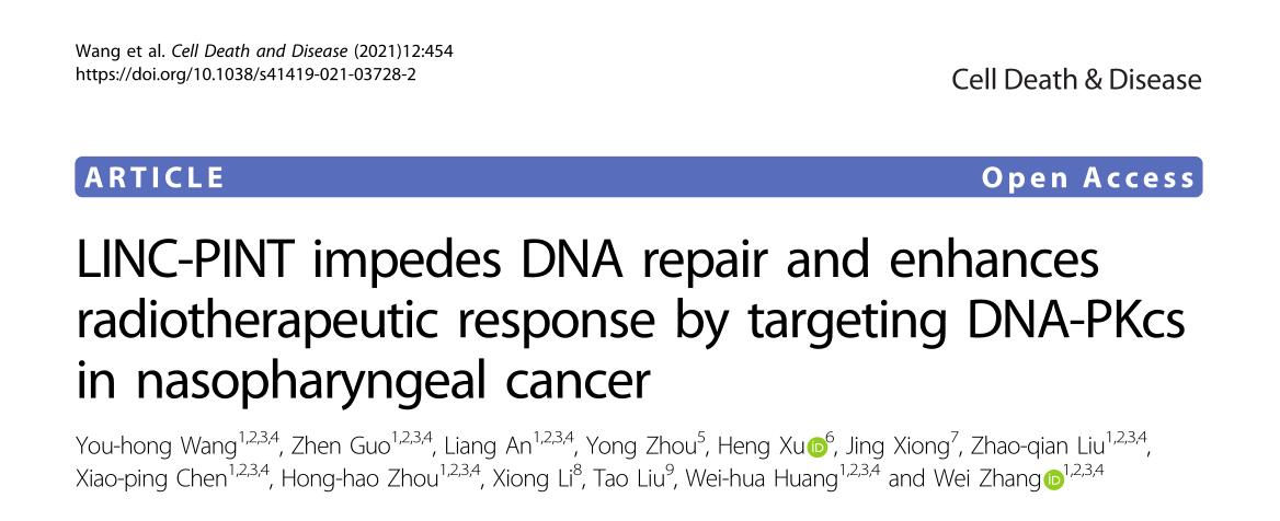 LINC-PINT impedes DNA repair and enhances radiotherapeutic response by targeting DNA-PKcs in nasophar
